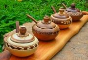 Hand-made wooden saltern and spoon 