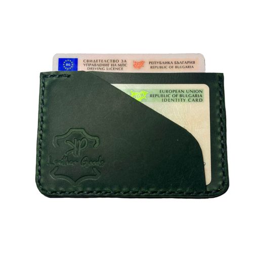 Портфейл за карти от 100% естествена зелена кожа 