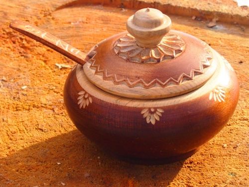Hand-made wooden saltern and spoon