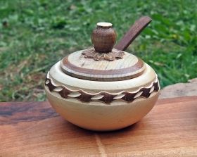 Hand-made wooden saltern and spoon 