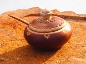 Hand-made wooden saltern and spoon