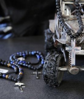 Necklace of natural stones with steel cross for gentlemen